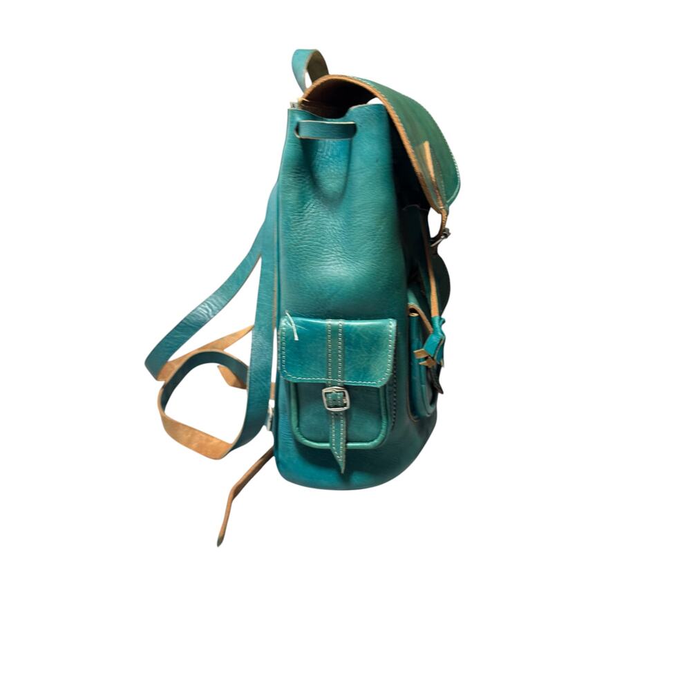 Vintage Backpack Bag Womens Teal Green Leather Rucksack Drawstring Buckle Pocket - Picture 5 of 16
